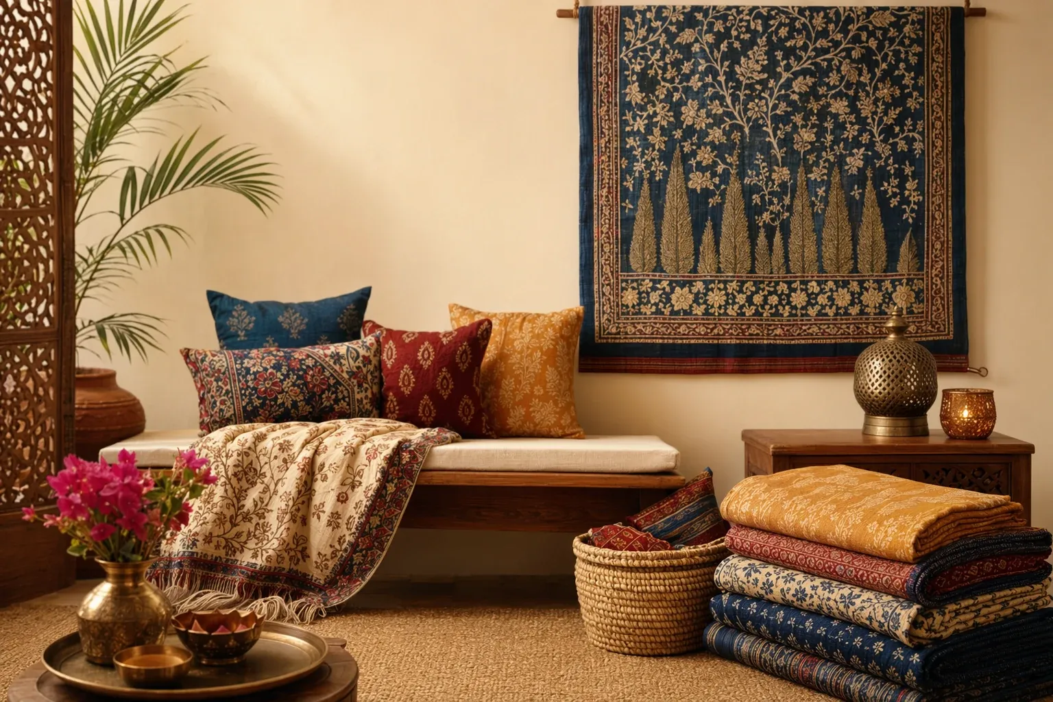Illustration of Indian textiles in home decor with patterned cushions, wall hanging, throw, block print fabric, and warm interior setting.