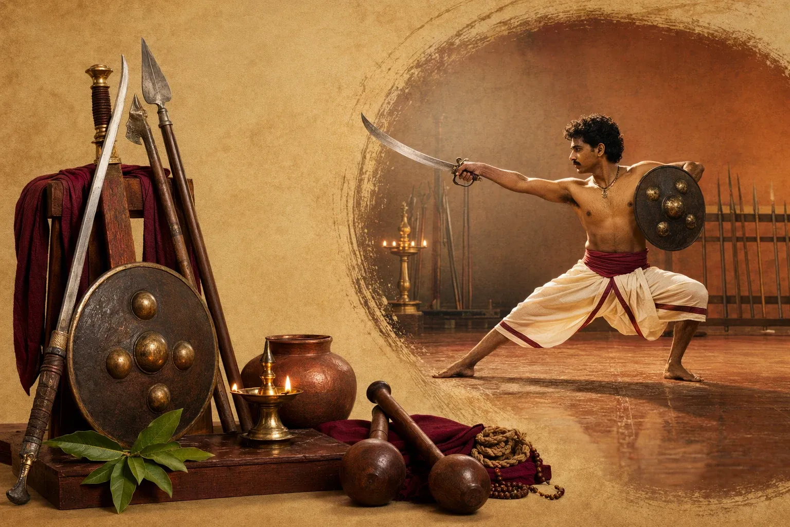 Kalaripayattu practitioner in a traditional training space with movement, weapons, warm lamp light, and Kerala martial heritage cues.