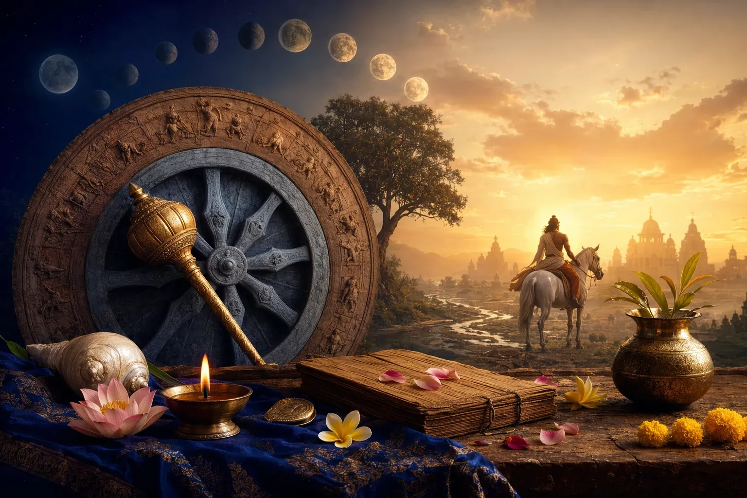 Mythic Vishnu/Kalki scene with horse, time symbolism, and devotional atmosphere for a beginner guide.