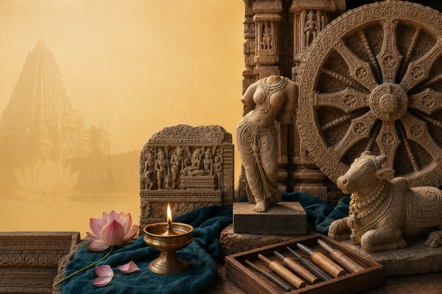 Indian sculpture details showing posture, symbols, temple carving, tools, and sacred-art context.