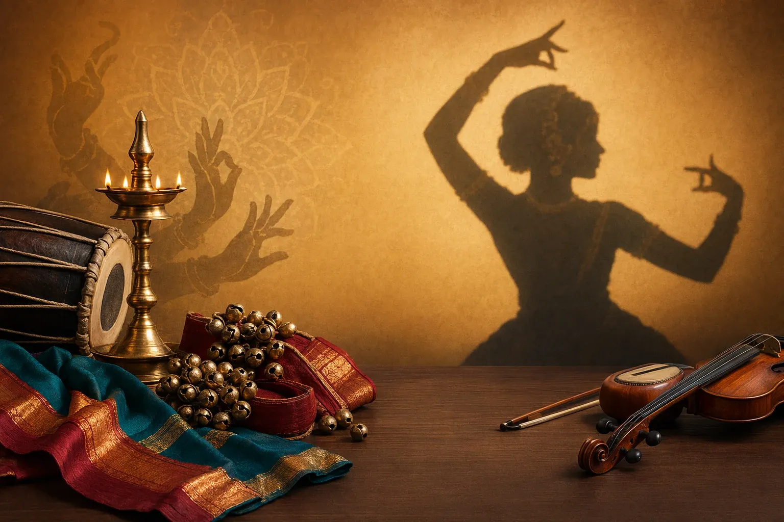 Kuchipudi dancer silhouette with ankle bells, stage lamp, silk costume details, music, and expressive dance-drama mood.