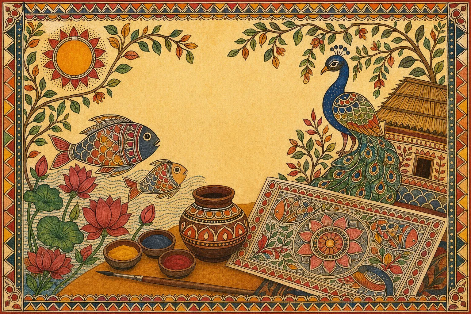 A Madhubani-inspired learning scene with fish, peacock, floral borders, bold outlines, bright colours, and handmade painting materials.