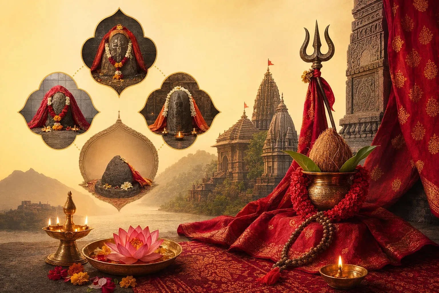 Devotional Shakti temple scene with diya, red cloth, trident and pilgrimage atmosphere for Maharashtra’s Sade Teen Shakti Peeth tradition.