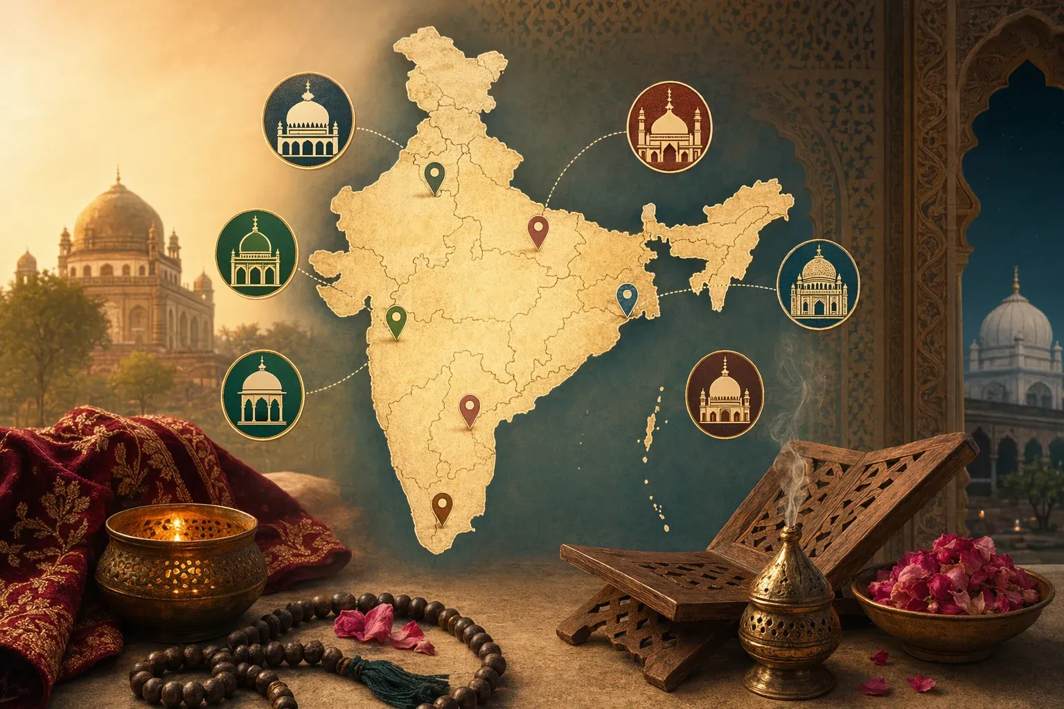 Symbolic Indian Sufi lineage map with dargah architecture, lamps and route-like paths for a guide to major Sufi orders in India.