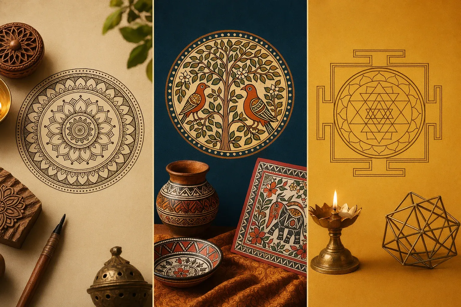 Side-by-side symbolic composition comparing a mandala-like geometric design with regional Indian folk-art patterns and handmade motifs.