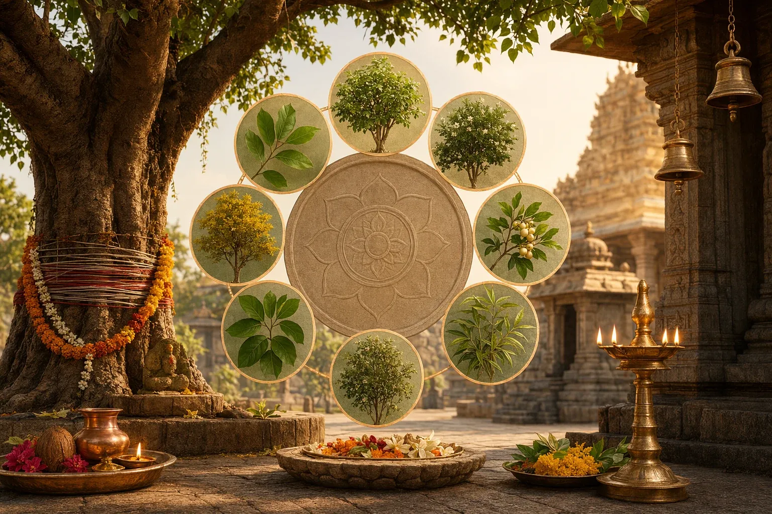 Navagraha sacred plants artwork with nine symbolic sections, temple courtyard, lamps, flowers, and sacred tree motifs for an Indian culture guide.