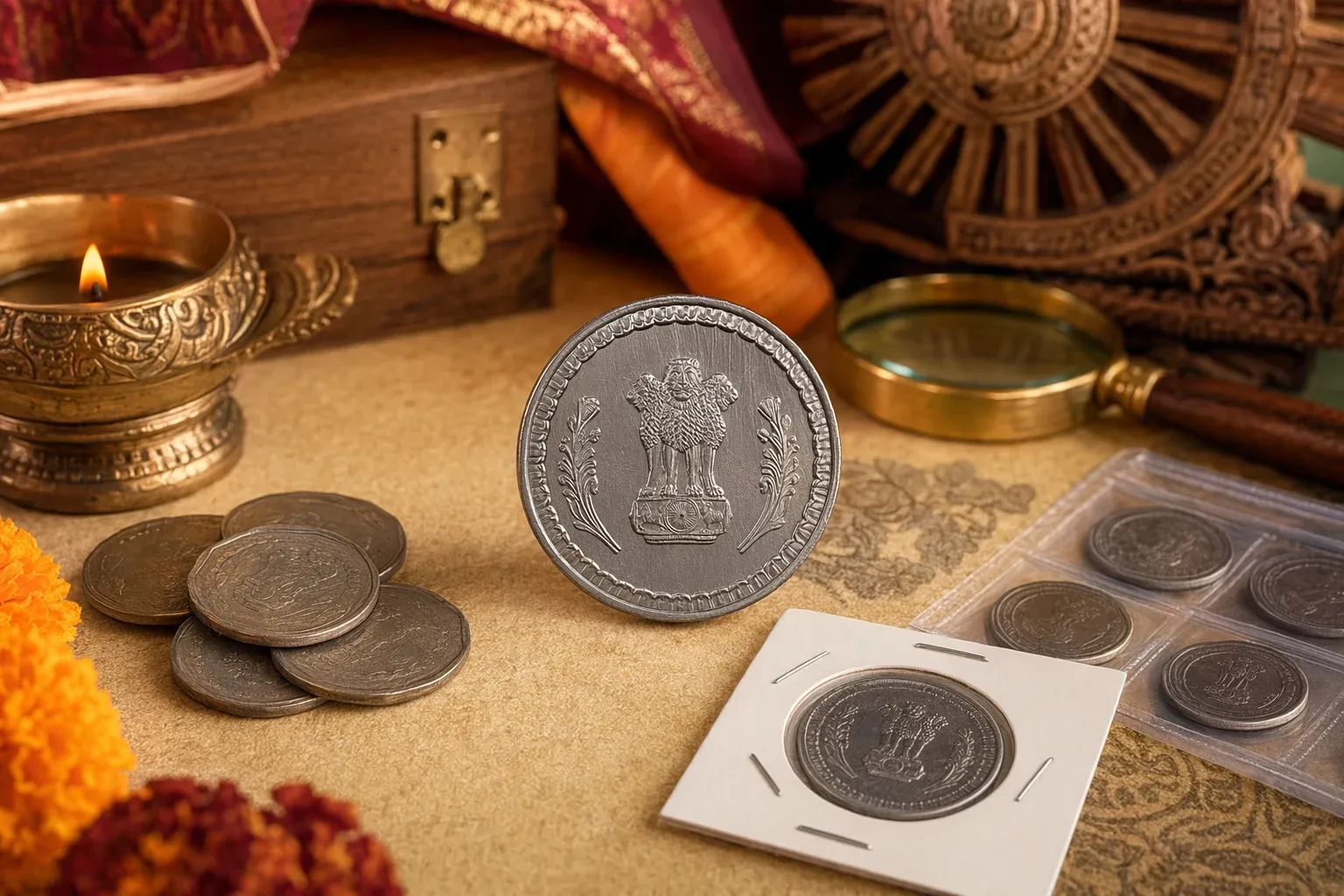 Indian one rupee coins arranged with a magnifying glass, notebook and heritage objects for a beginner coin history guide.