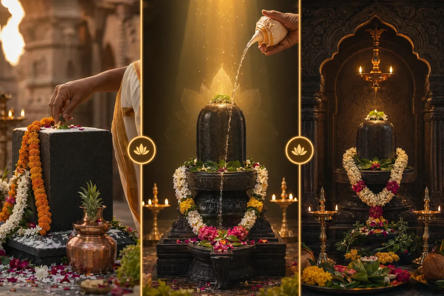 Comparison-style temple installation and consecration scene showing sacred placement, lamps, kalashas, and ritual atmosphere.