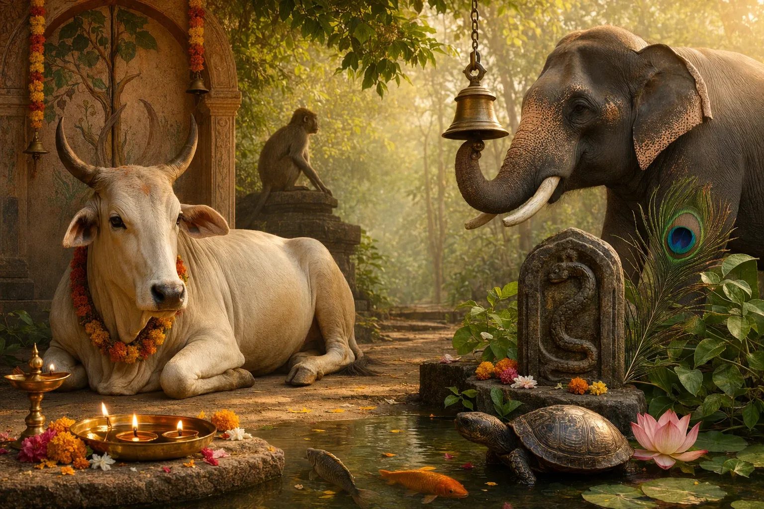 Editorial illustration of sacred animals in Indian culture, including a cow, elephant, monkey, snake, peacock, turtle and fish near a temple pond.