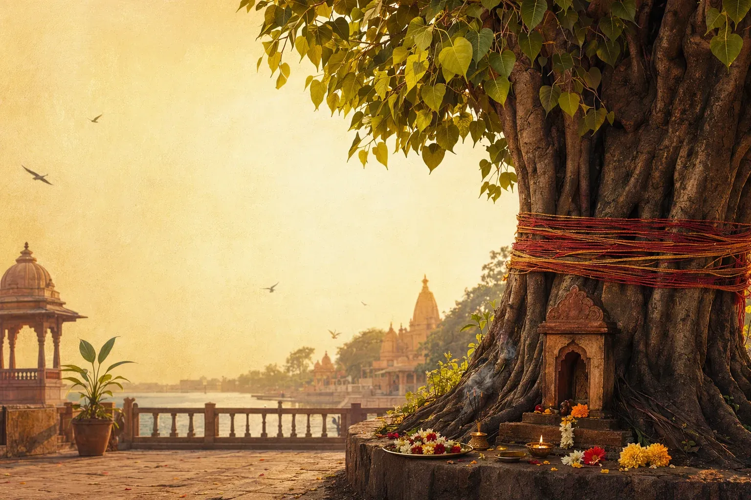 Sacred tree in an Indian temple courtyard with ritual threads, diyas, flowers and temple architecture, symbolising sacred-tree mythology and Indian nature reverence.