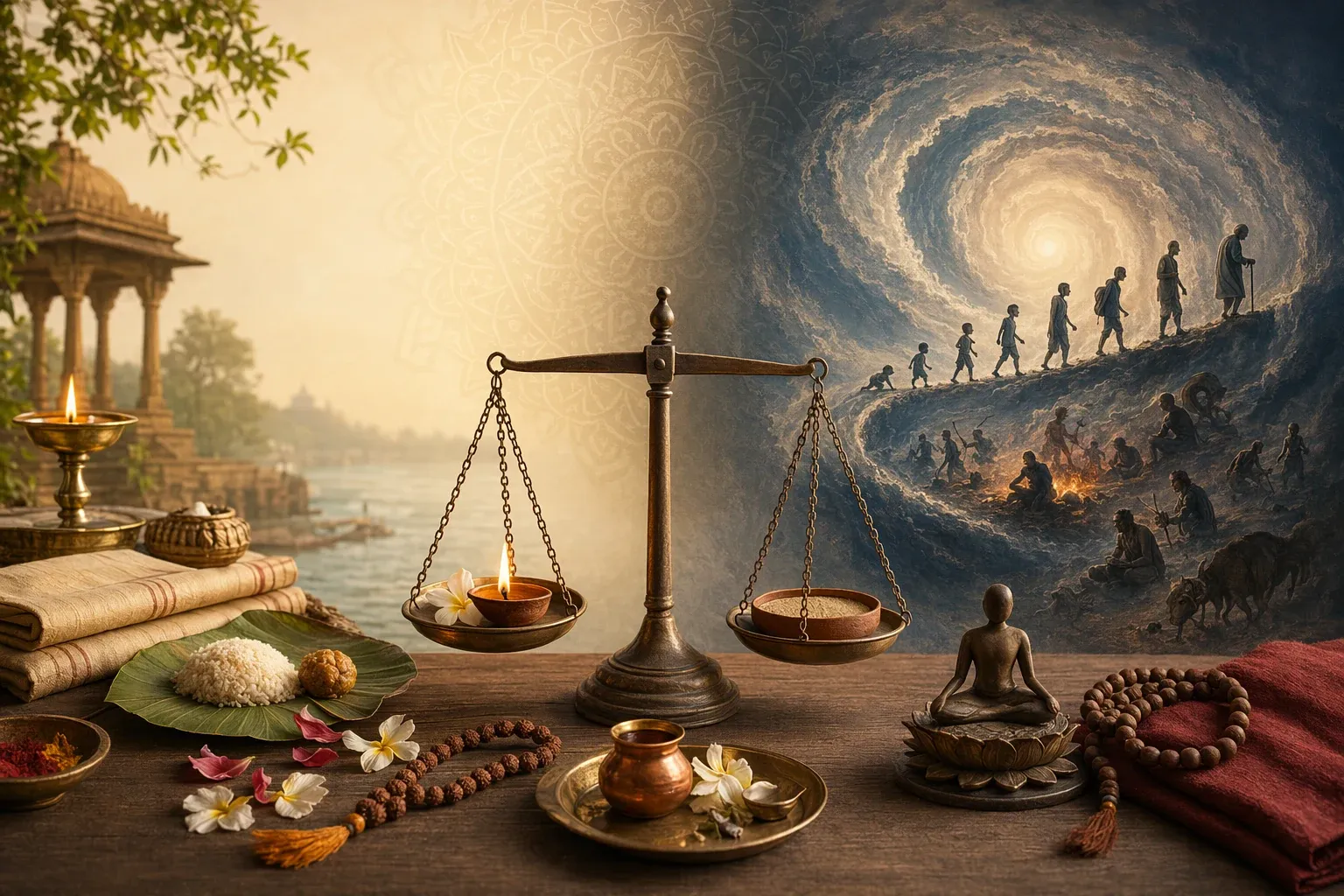 Symbolic comparison of samskara as impressions and rites with samsara as a cycle of rebirth and conditioned existence.