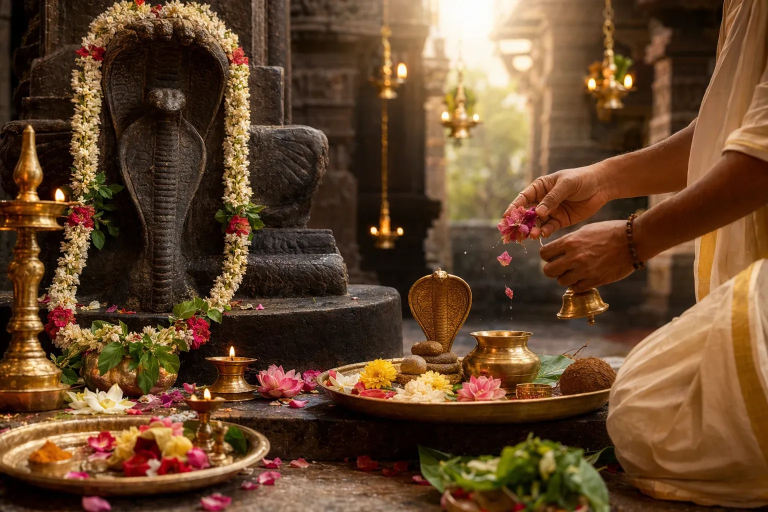 Serpent shrine with offerings and lamps in a South Indian temple setting, representing Sarpa Samskara Pooja respectfully.