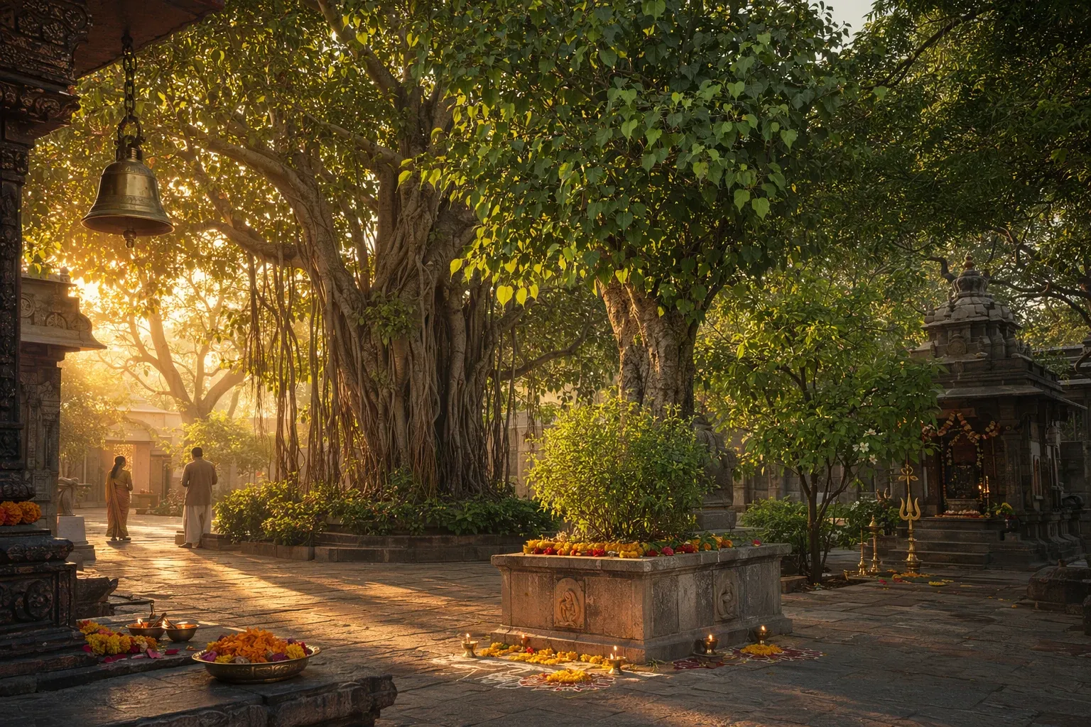 Editorial illustration of a sacred grove and Indian temple courtyard with mature Peepal, Banyan, Neem, Bilva, Tulsi, Shami, and Amla-inspired trees.