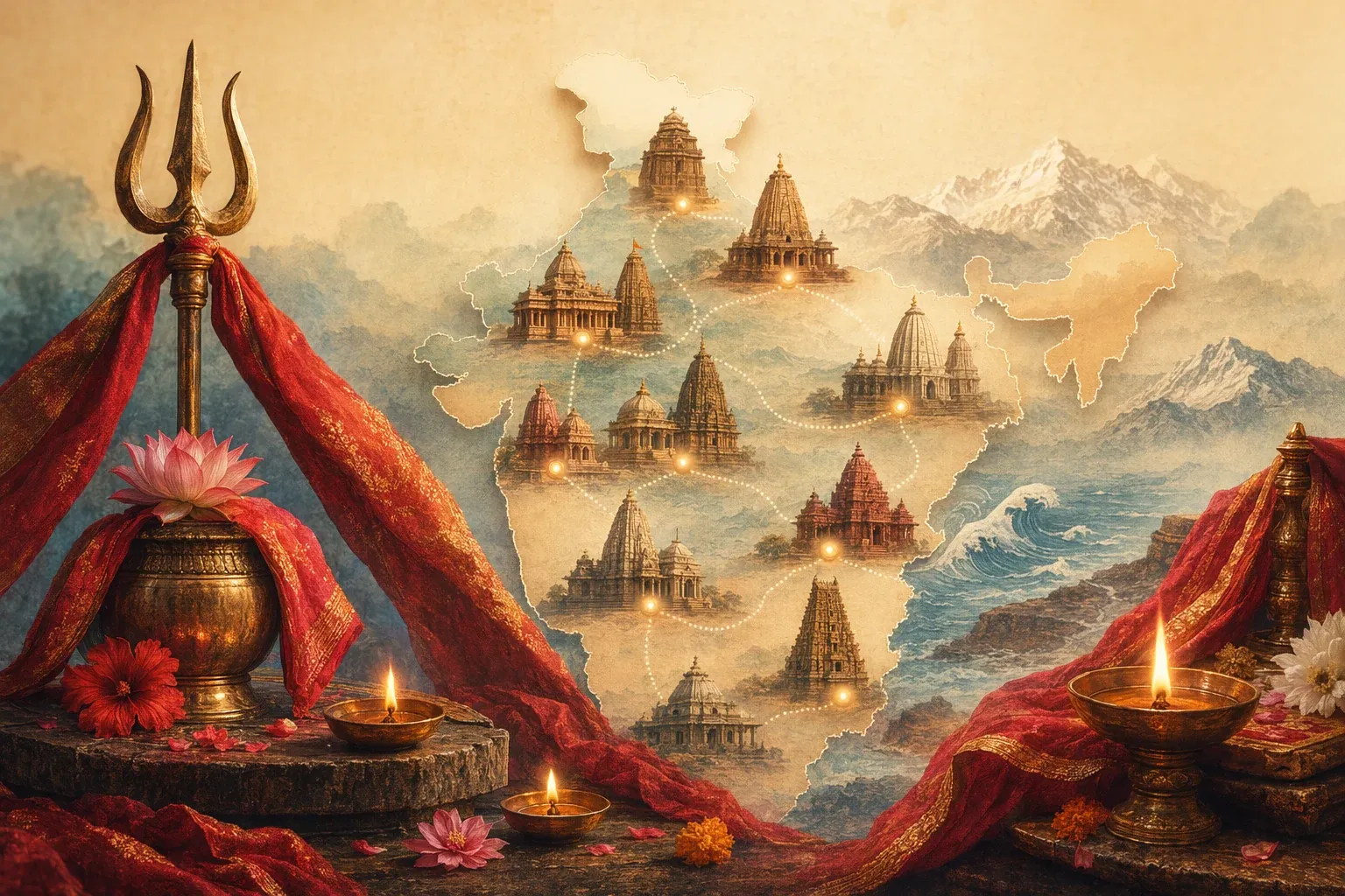 Symbolic India sacred-geography illustration with Devi/Shakti temple, trident, lamps, lotus, and pilgrimage-map mood.