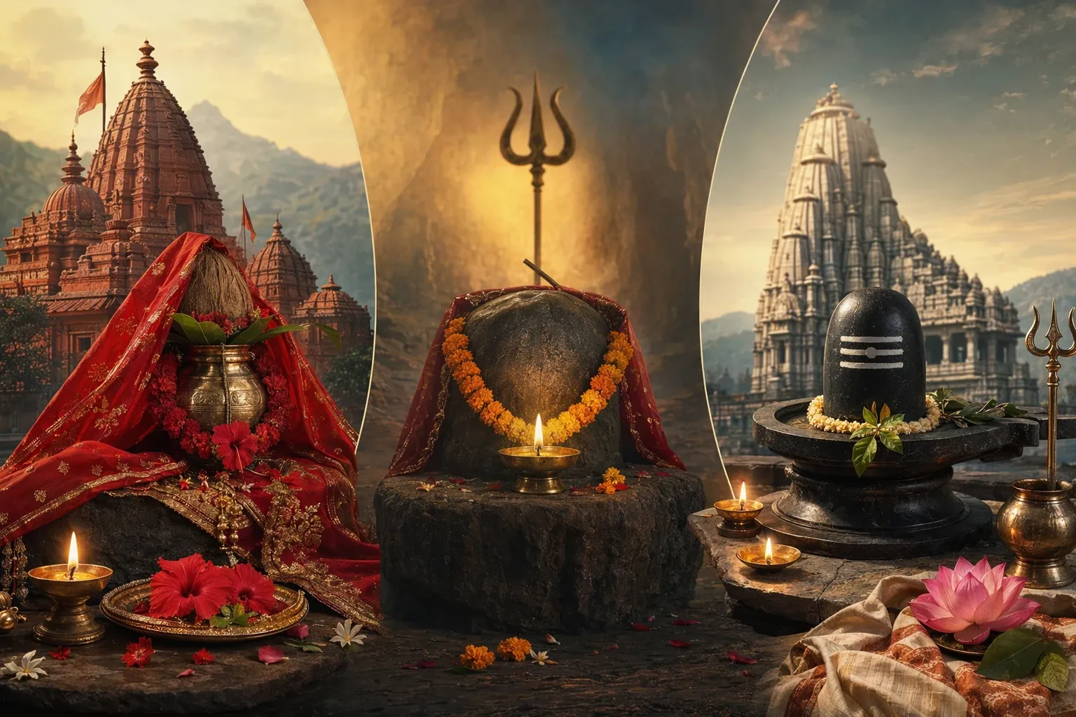 Comparison-style sacred-symbol scene for Shakti Peeth, Siddh Peeth, and Jyotirlinga.