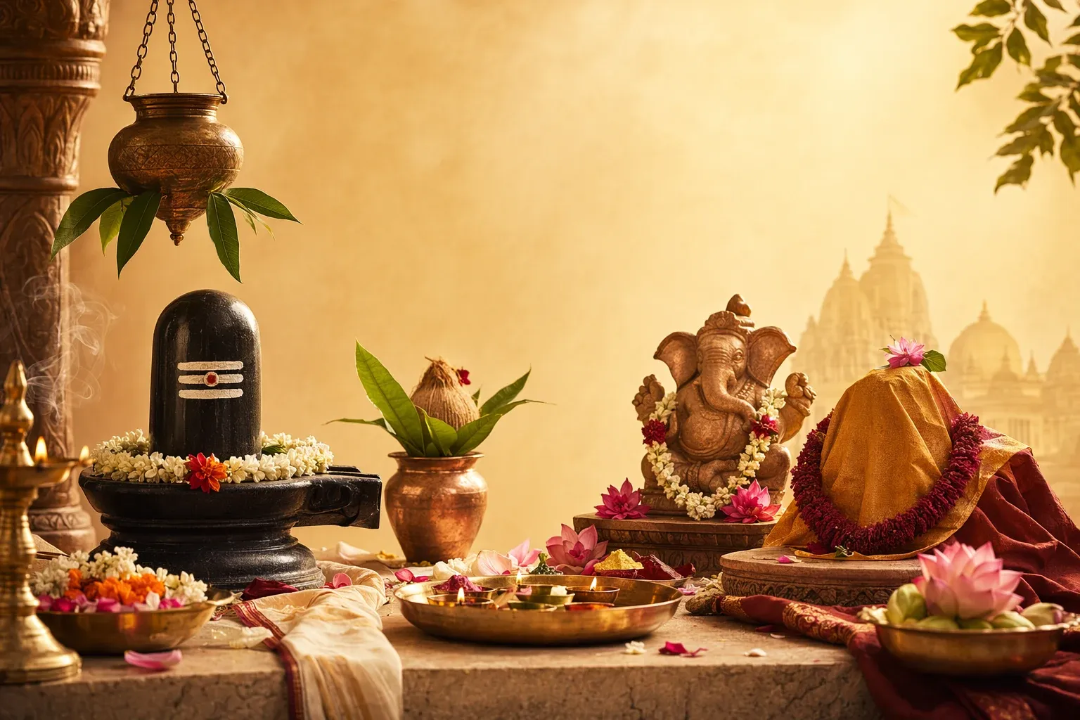 A respectful home shrine with Shiva linga, Ganesha murti, diya, flowers, and clean devotional arrangement.