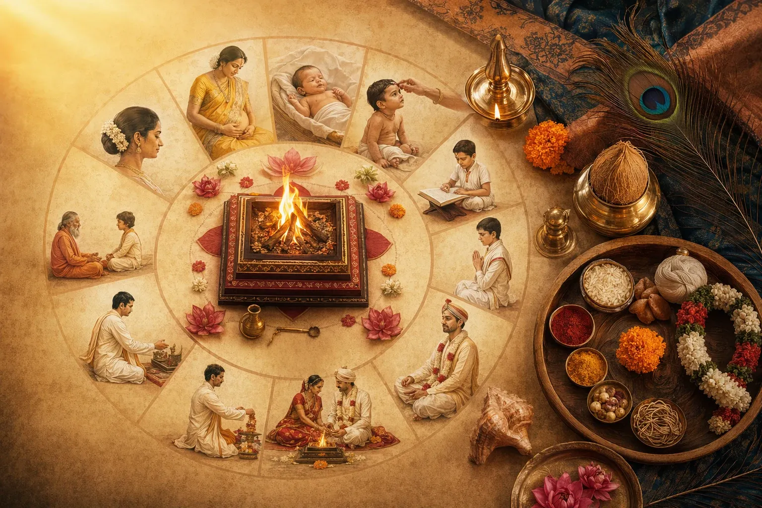 Family life-cycle rituals arranged around a sacred fire, symbolising the sixteen Hindu samskaras from birth to marriage and final rites.