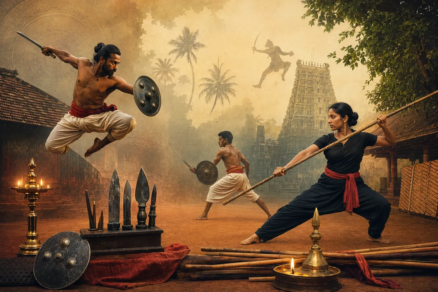 South Indian martial arts scene with Kalari and Silambam-inspired movement, staff practice, warm training-space lighting, and heritage details.