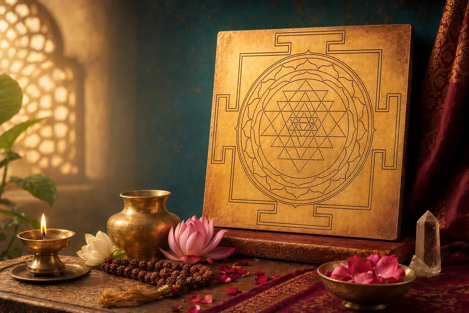 A Sri Yantra displayed respectfully with a diya, flowers, and sacred-study objects in warm devotional light.