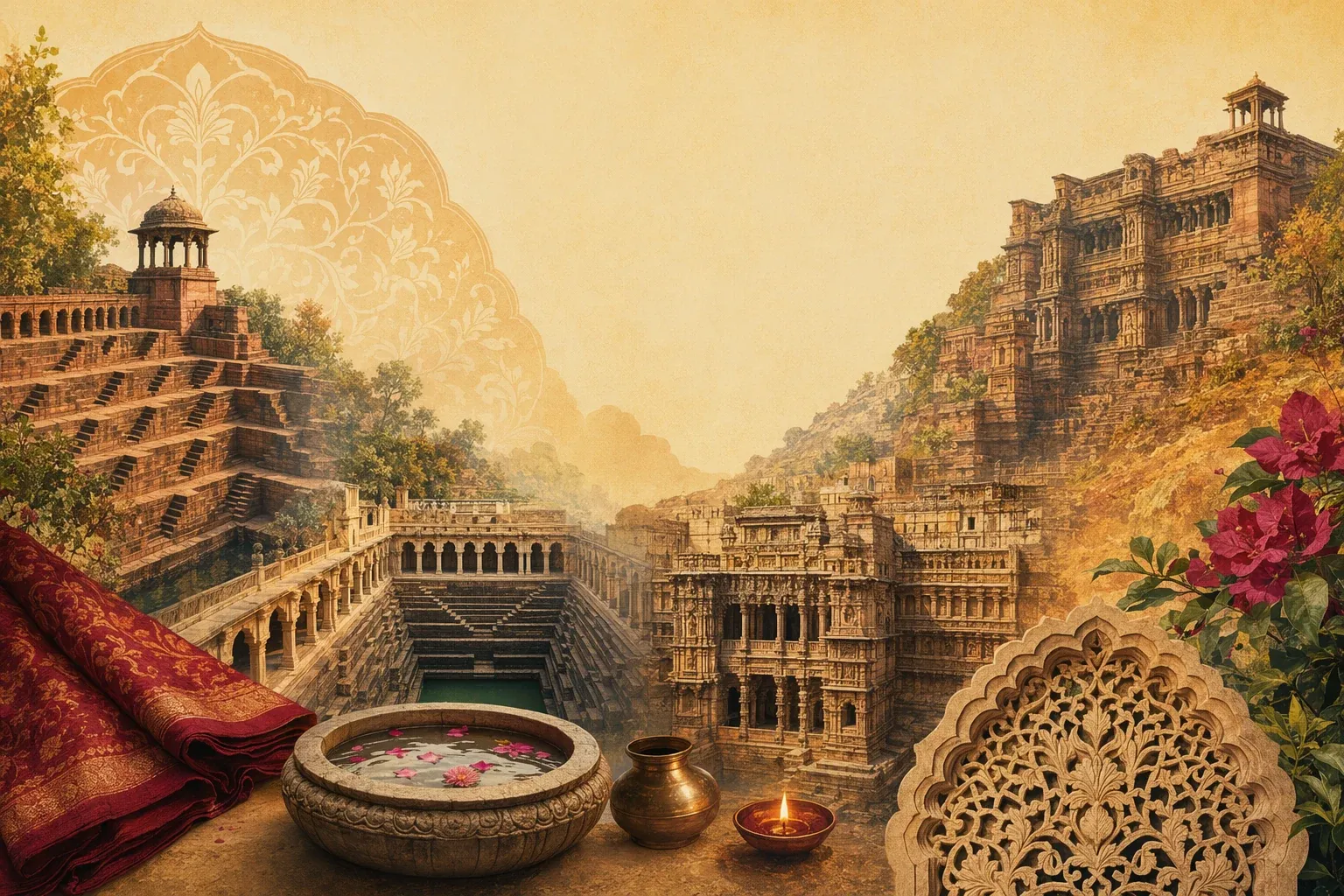 AI editorial illustration of an ornate Indian stepwell with descending stone stairs, carved arches, water, and heritage details.