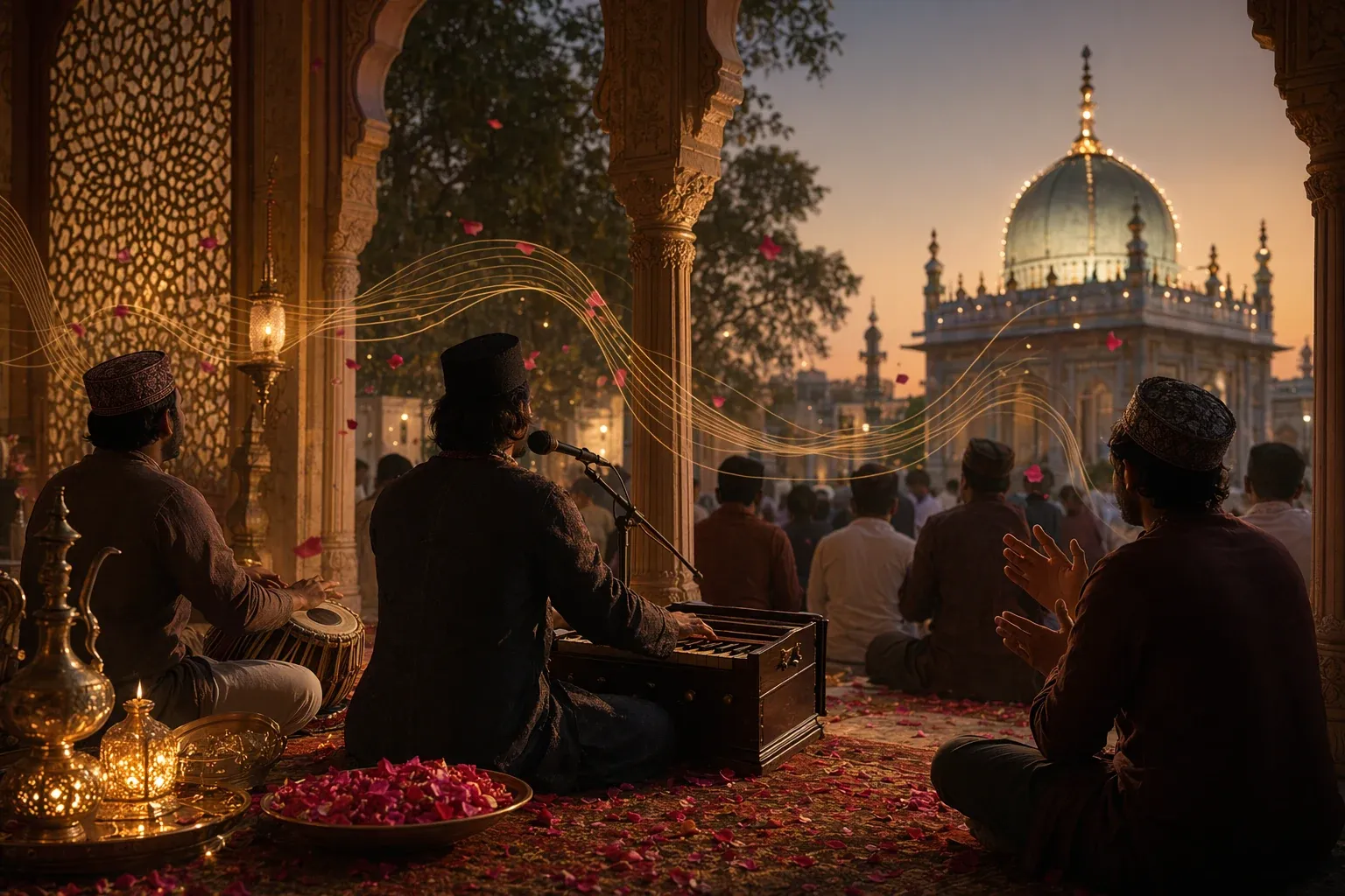 Indian Sufi qawwali scene with harmonium, tabla, clapping musicians, rose petals, lamp glow and dargah courtyard arches.