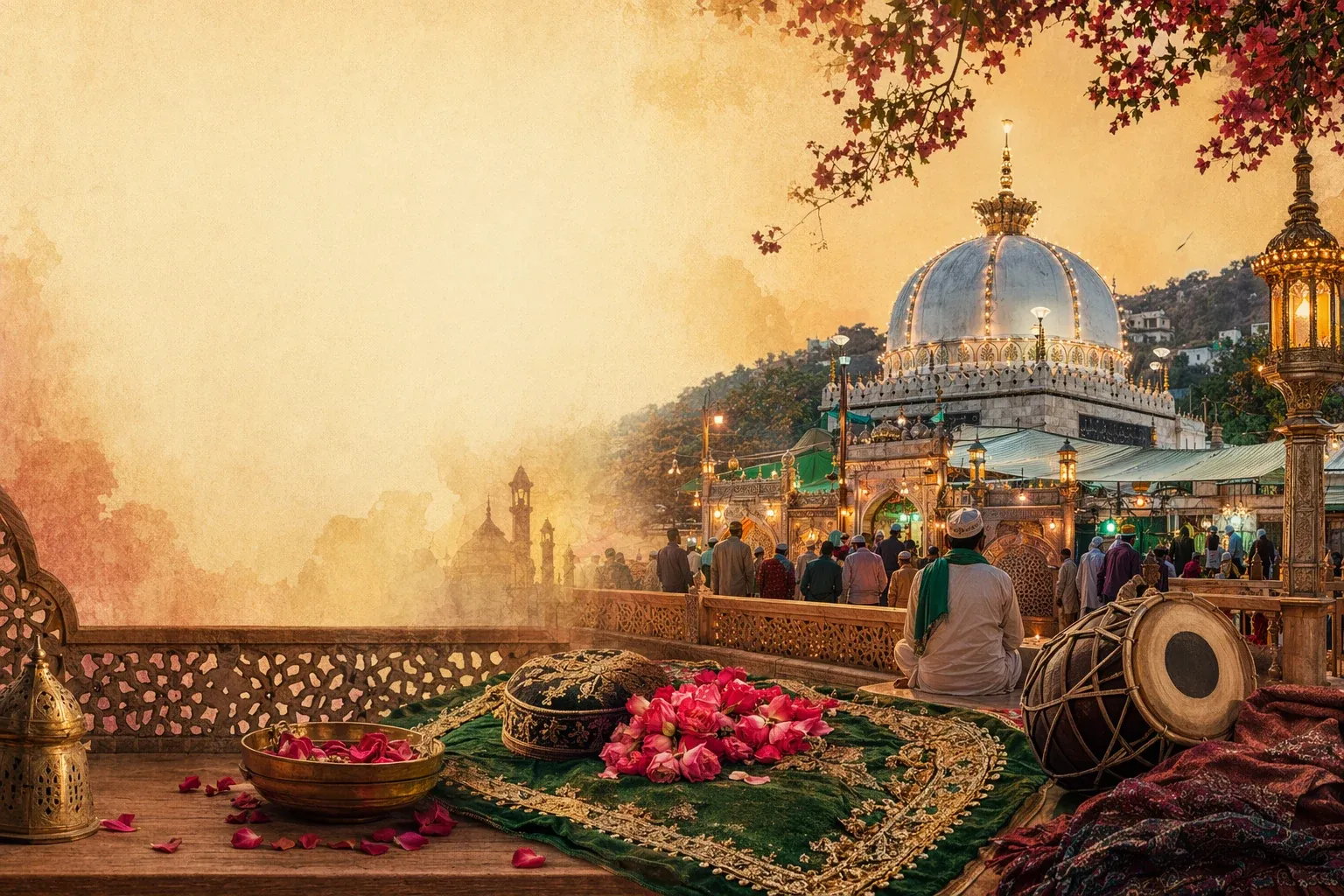 Respectful dargah visit scene with devotees, flowers, lamps and a shrine courtyard in Indian Sufi tradition.