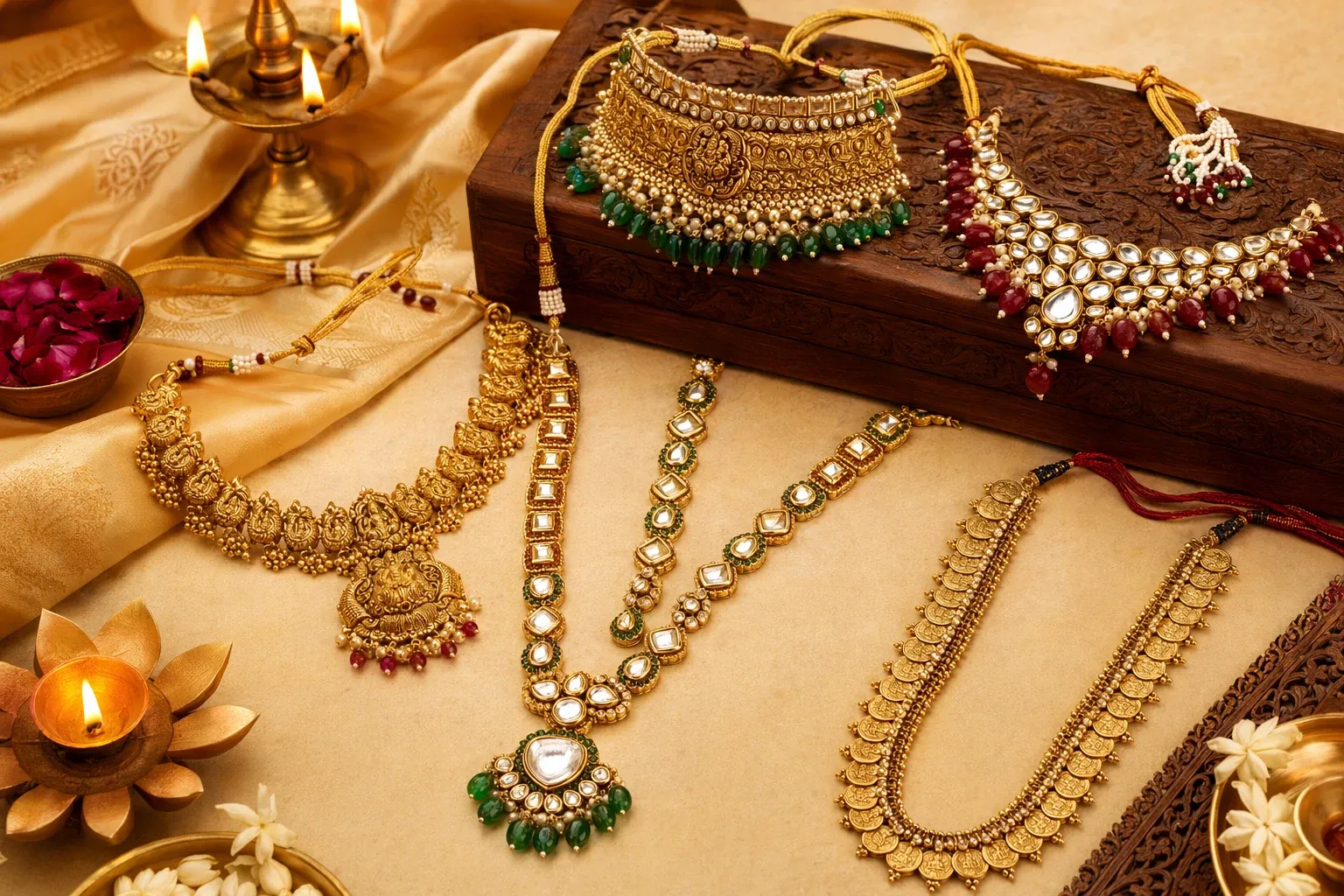 Traditional Indian necklaces arranged in multiple styles with flowers, diyas, silk fabric and carved wooden box for a beginner necklace guide.