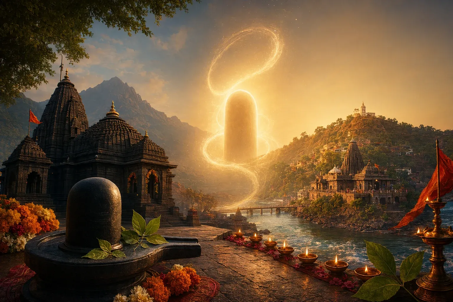 Respectful Shiva pilgrimage scene with Jyotirlinga, river, temple silhouettes, lamps, and devotional atmosphere.