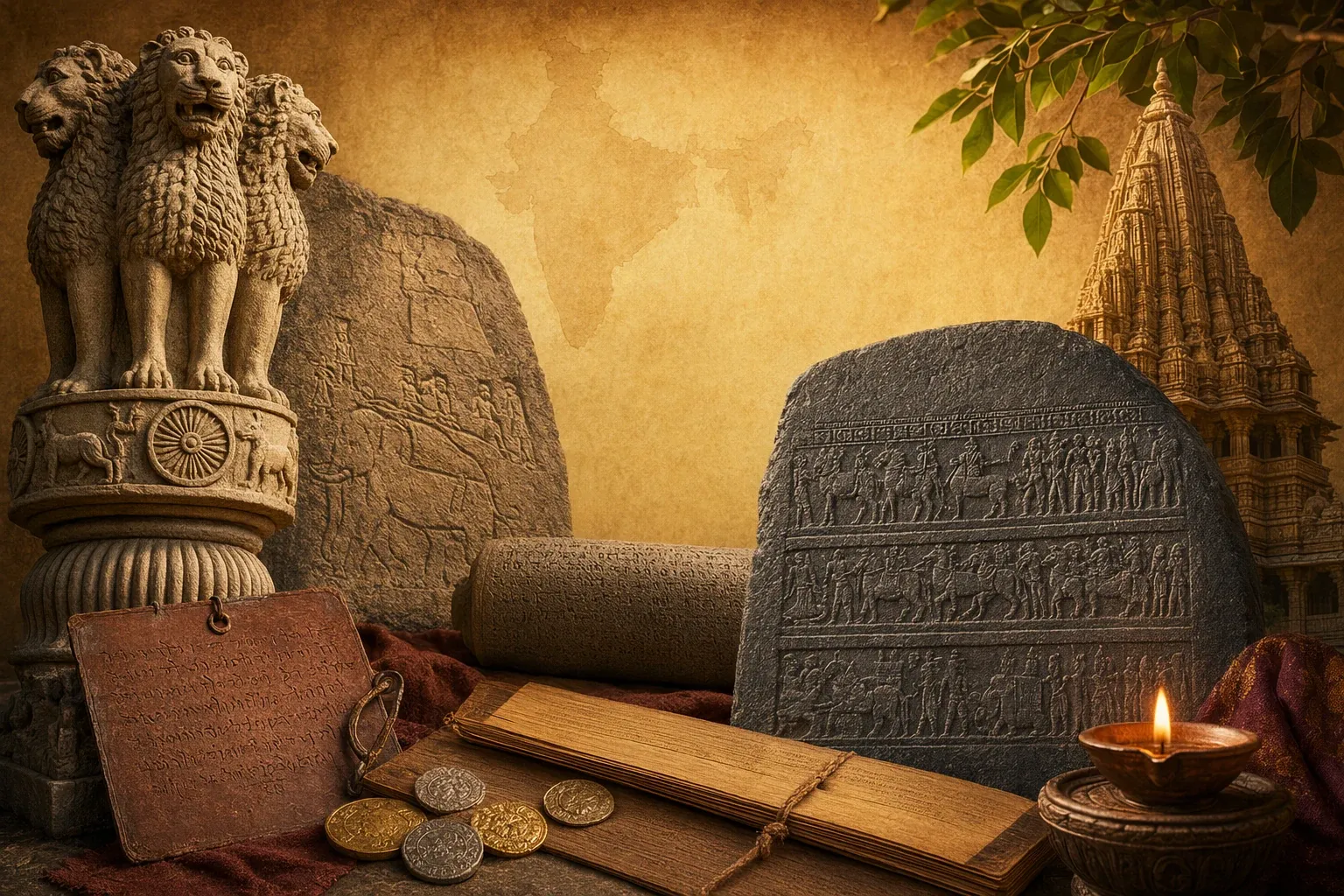 Types of Indian inscriptions illustration with rock edicts, pillars, copper plates, coins, seals and temple wall records.