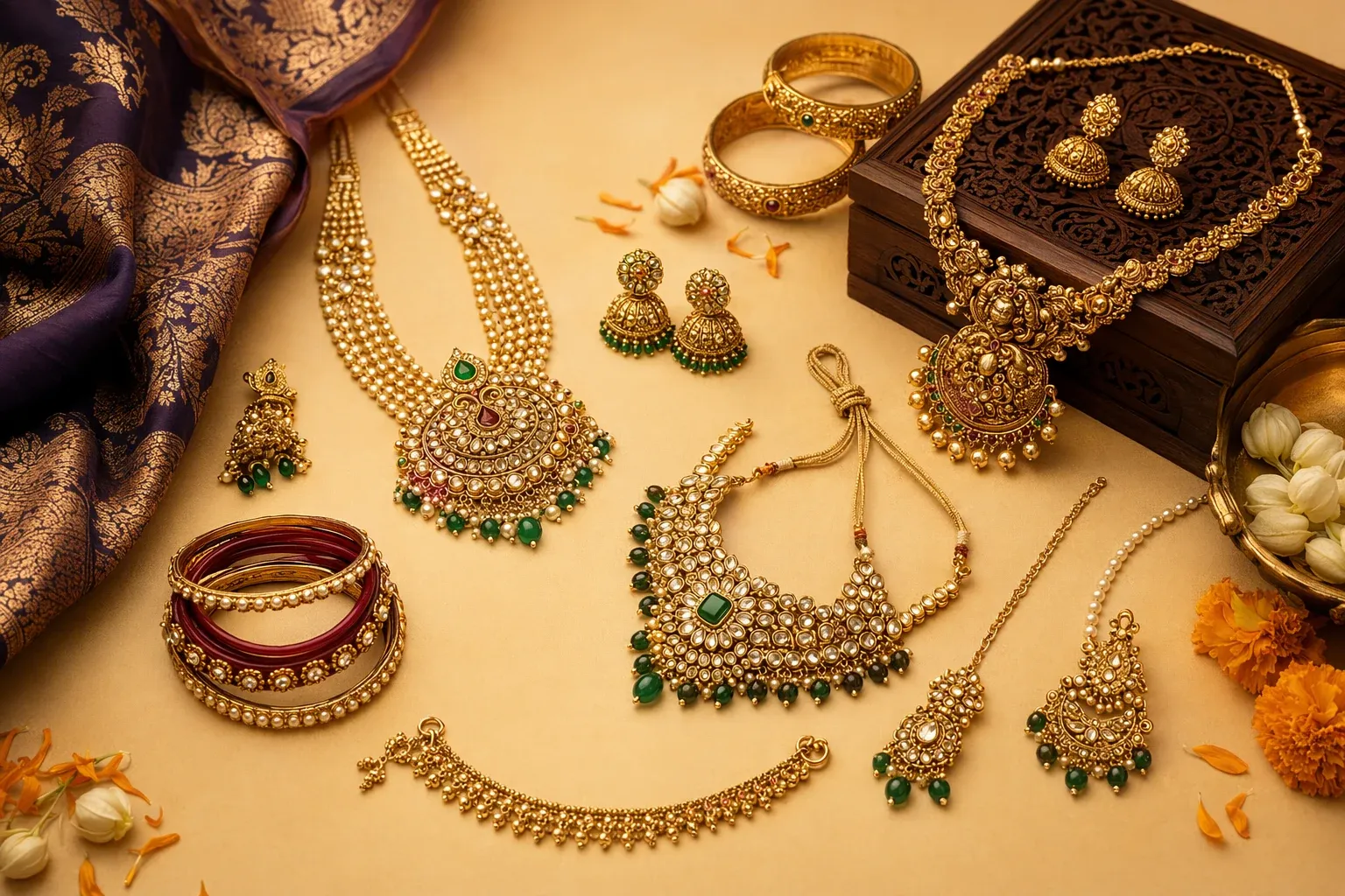 Assorted Indian jewellery including necklaces, bangles, earrings, pearls and kundan-style pieces arranged on festive textile for a beginner guide.