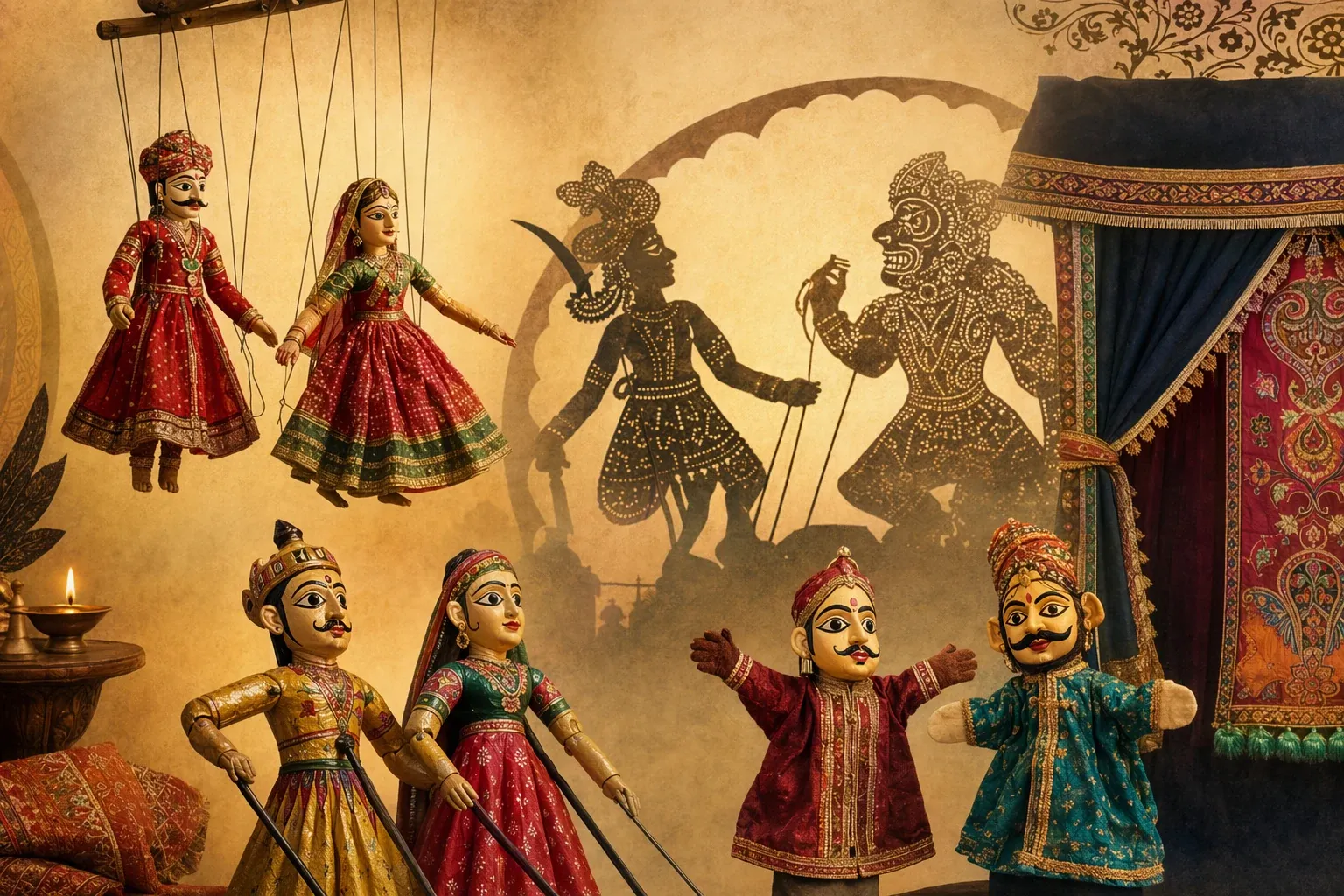 Four Indian puppetry forms shown together: string puppet, shadow puppet, rod puppet, and glove puppet