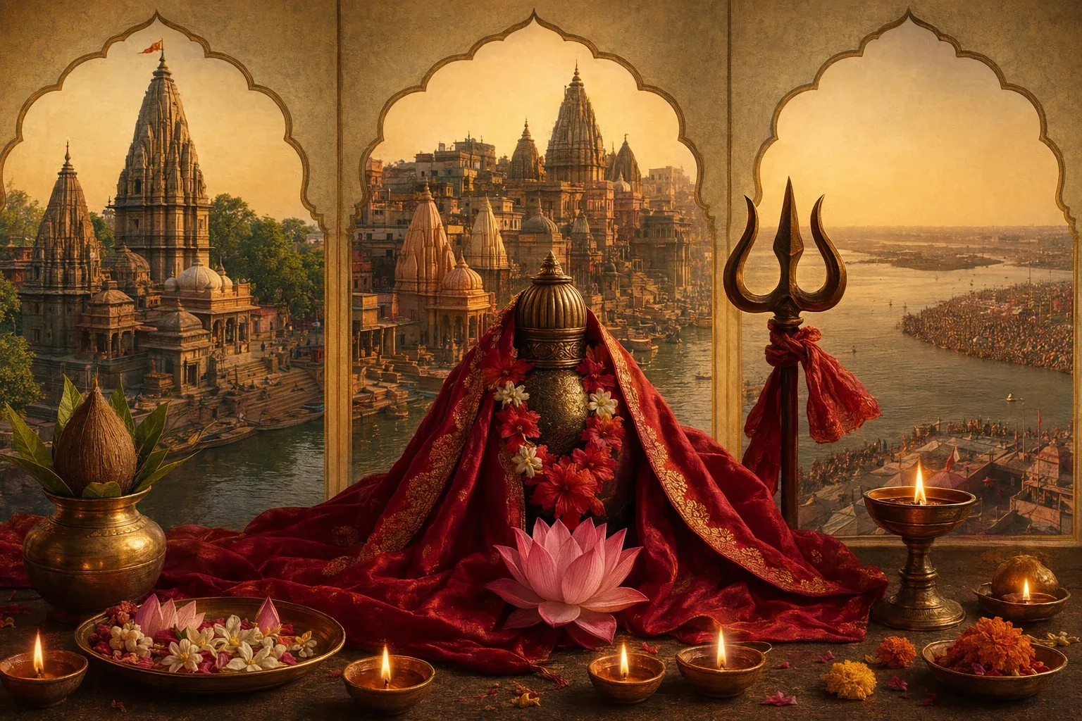 Devotional Shakti temple scene representing Ujjain, Kashi, and Prayagraj as layered sacred-city traditions.