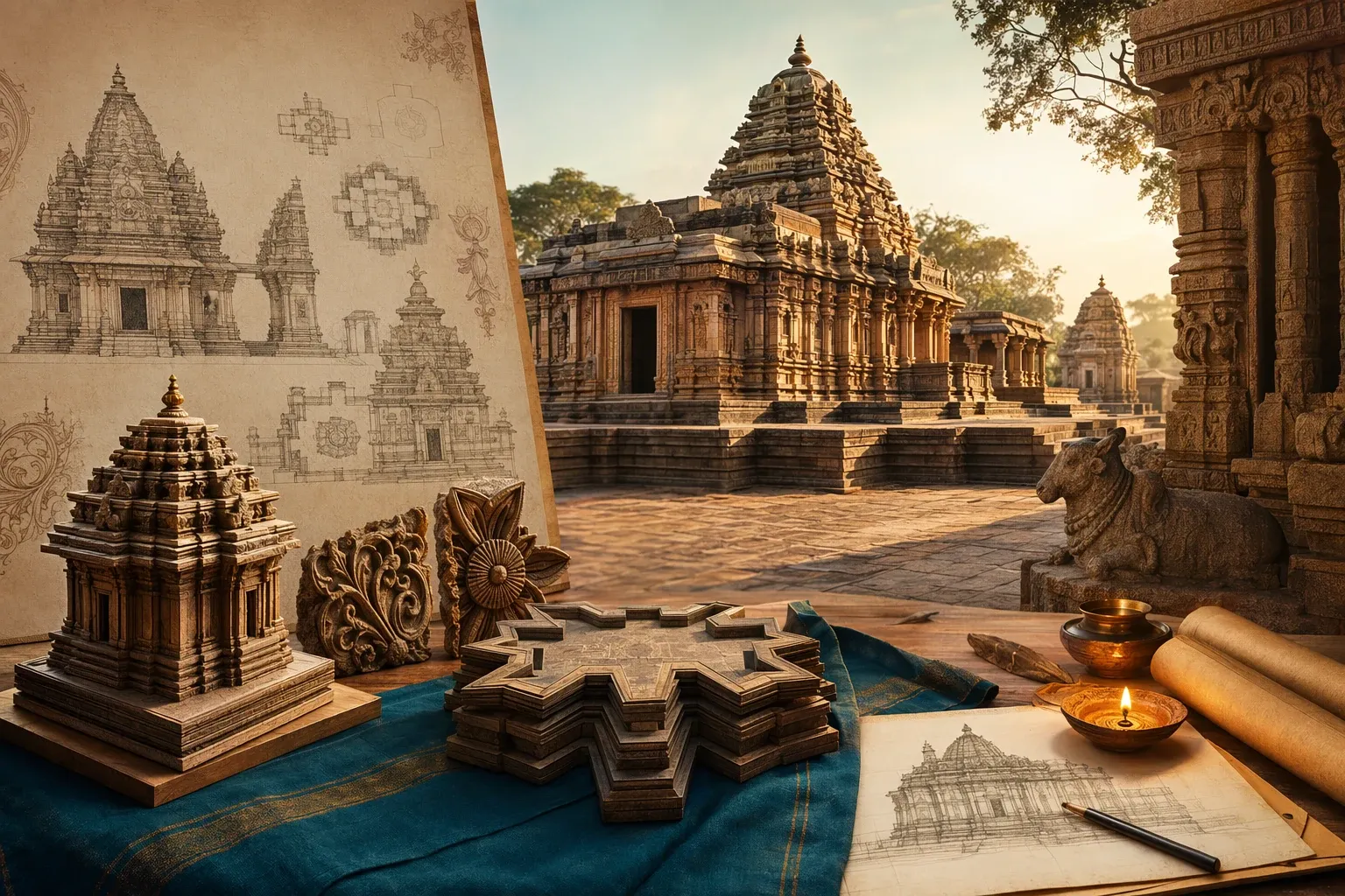 Illustration of Vesara temple architecture with Deccan-style temple forms, plan drawings, carved details and warm stone tones.