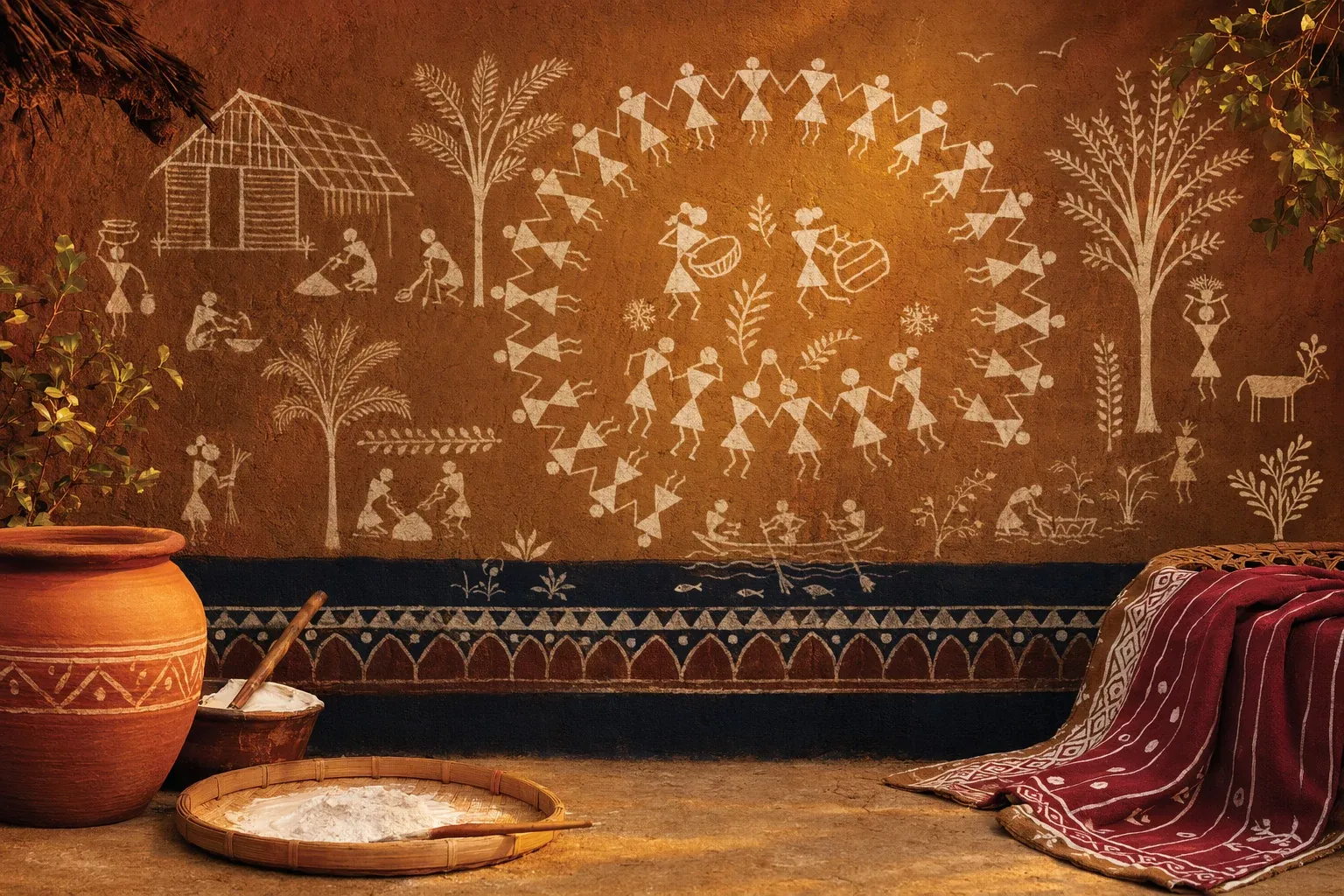 A respectful Warli-inspired cultural scene with white geometric figures, village life, circular dance, animals, and earthy wall-painting texture.