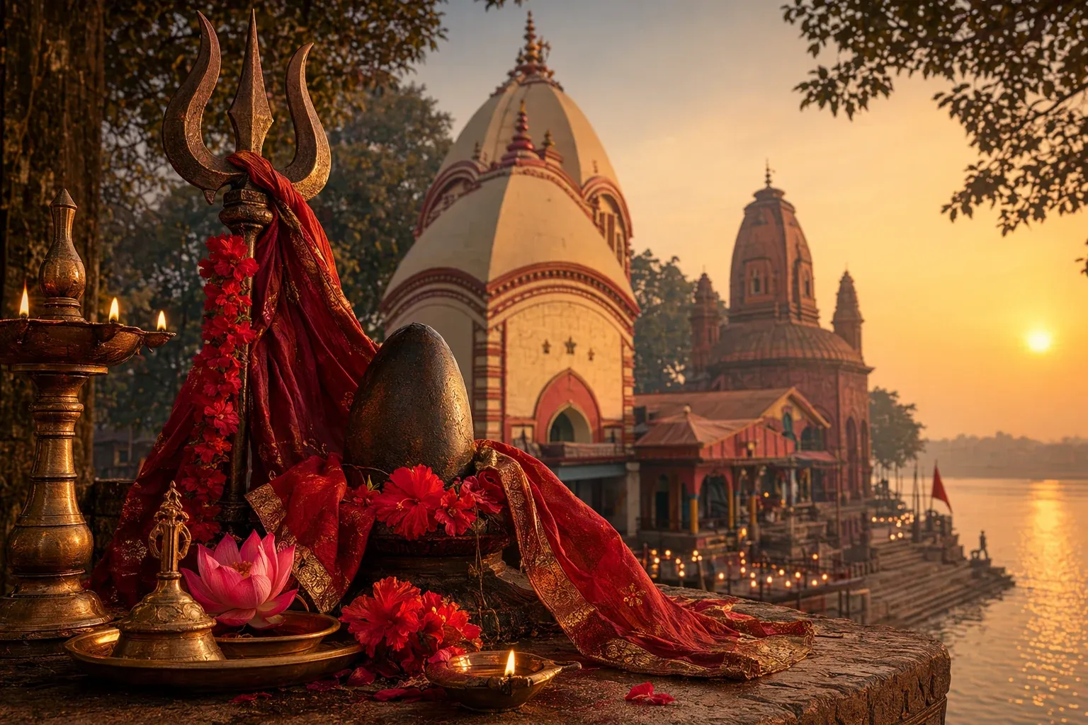 Editorial illustration for Shakti Peeth in West Bengal: Kalighat, Tarapith, and Bengal’s Devi Bhakti: a respectful Devi/Shakti temple editorial illustration with lamps, red cloth, lo...