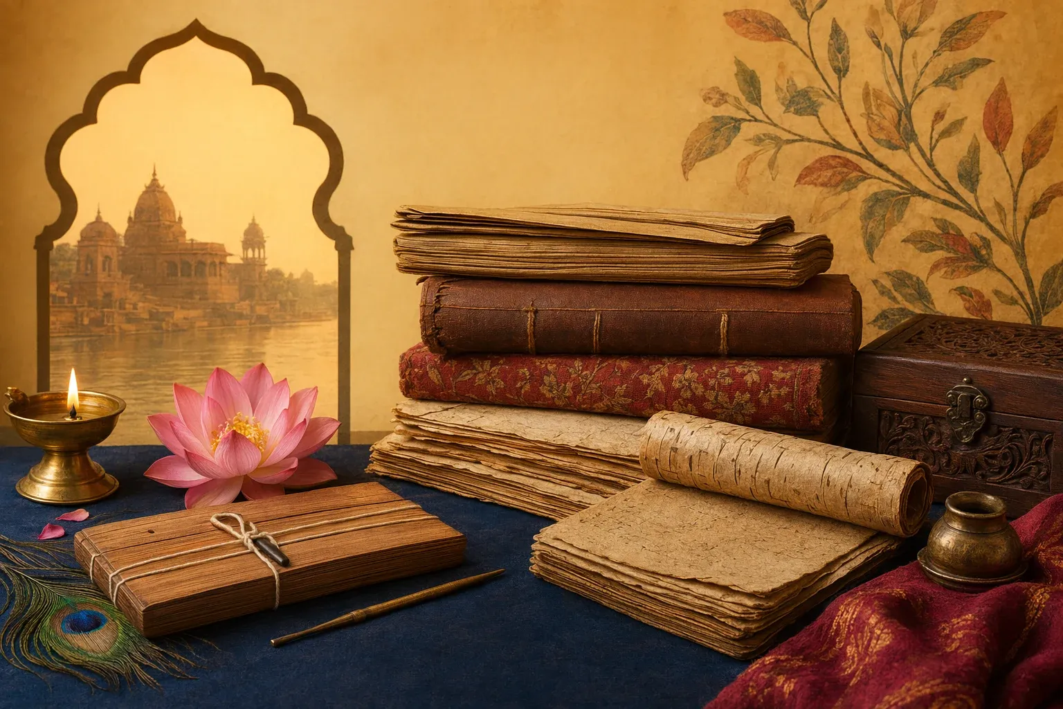 Illustration of Indian manuscript folios, palm-leaf bundles, writing tools and archival shelves representing India’s handwritten heritage.