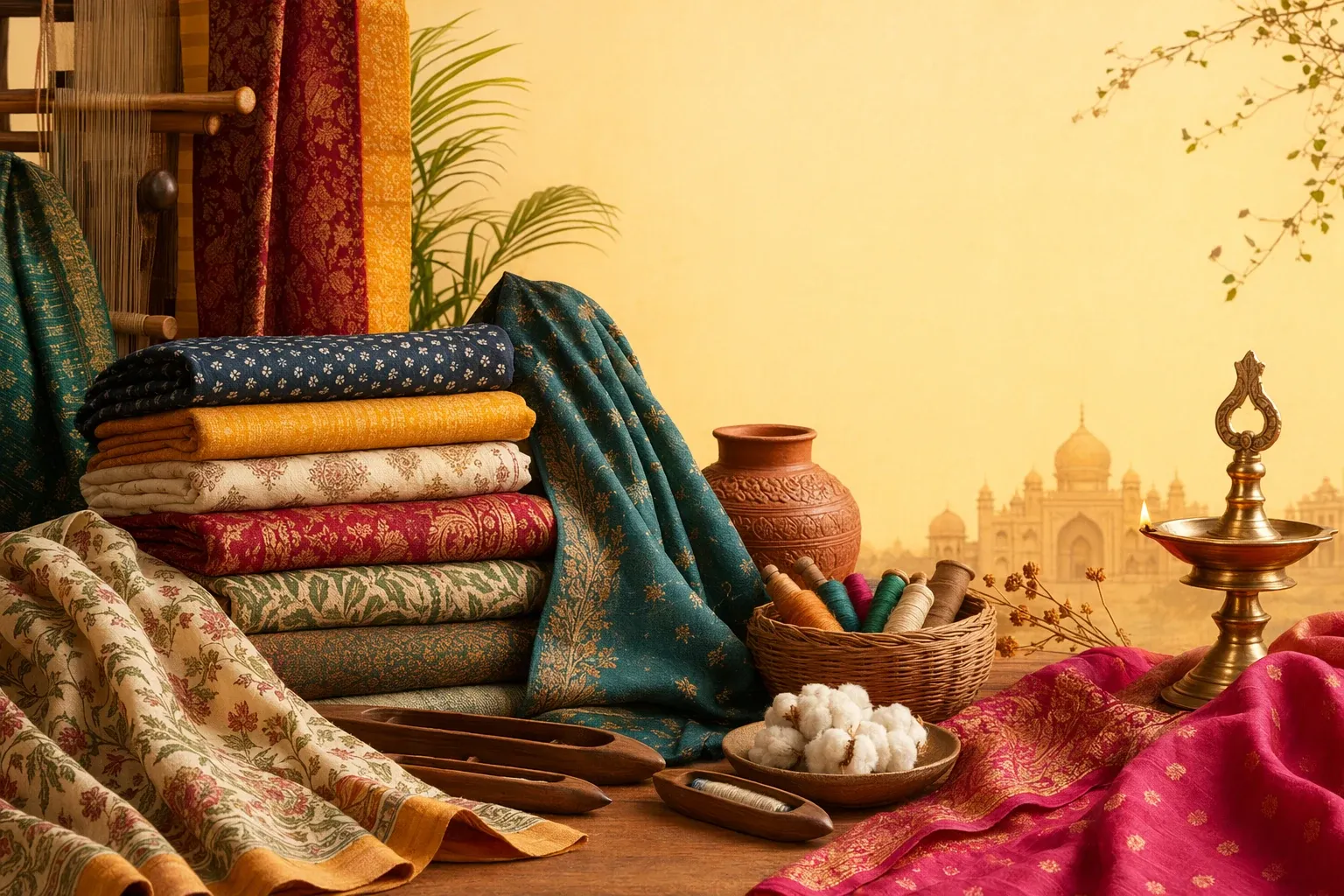 Illustration of Indian textiles with colourful fabrics, loom, cotton, thread, and handcraft tools.
