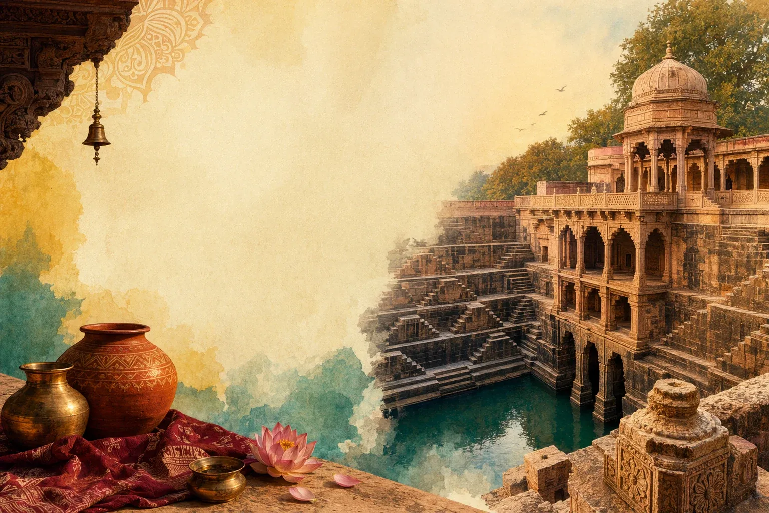 AI editorial illustration of an Indian stepwell with carved stone levels, stairs, water, lotus and warm heritage details.