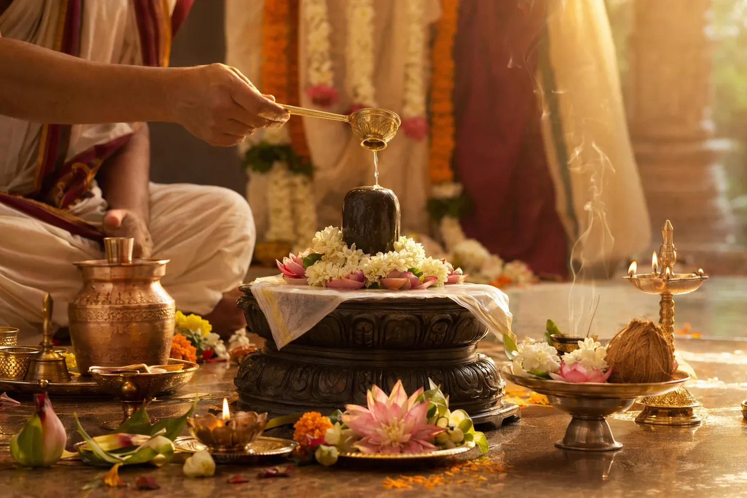 A respectful puja scene with priests, kalash, flowers, lamps, and a veiled sacred image during a Prana Pratishtha ceremony.