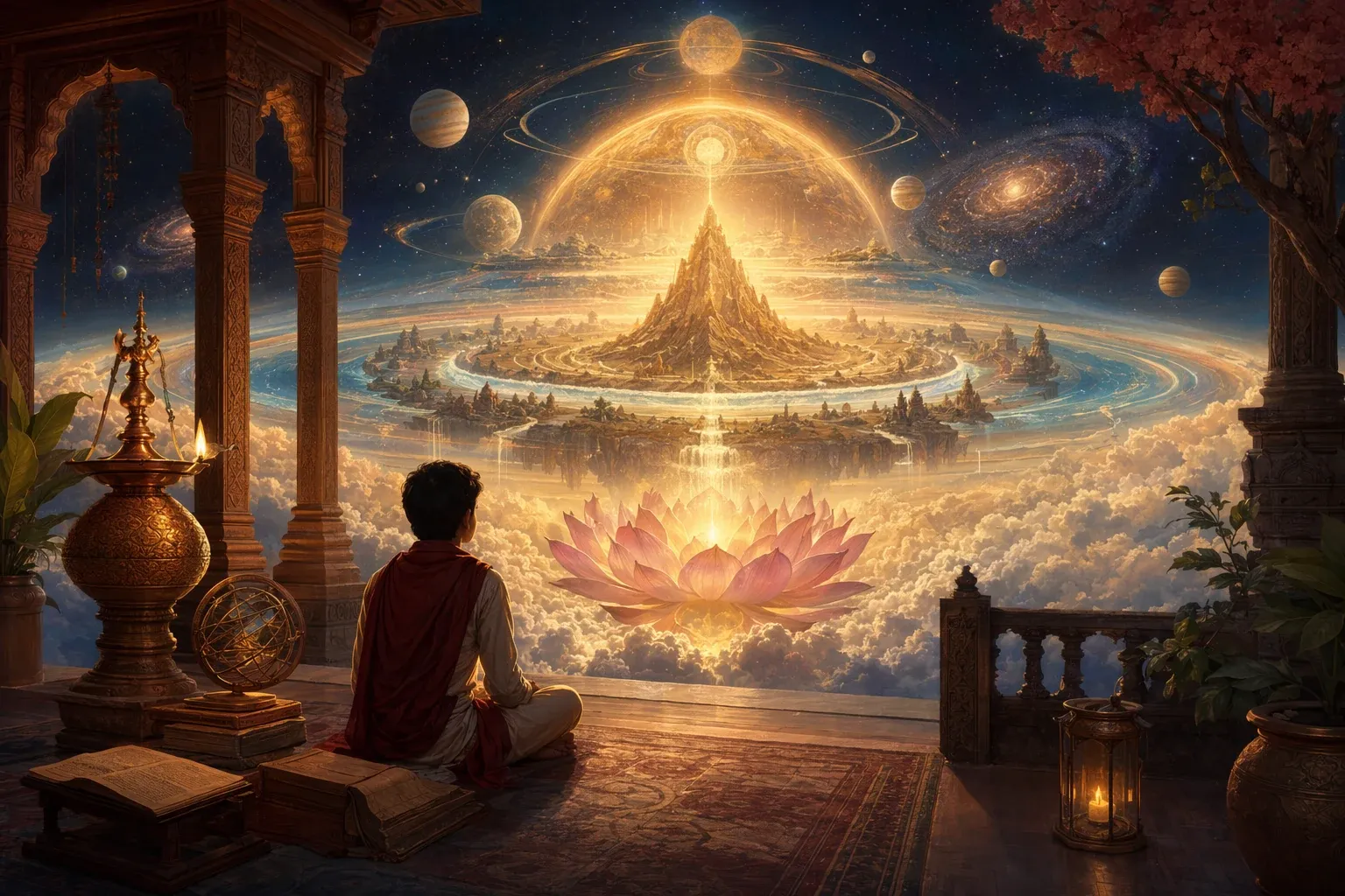 Symbolic Hindu cosmology illustration with a cosmic lotus, temple-like sacred space, stars and layered worlds for a beginner guide.