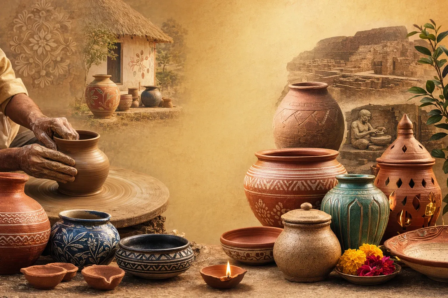 Indian potter shaping clay on a wheel with handmade vessels, diyas and terracotta forms in a warm craft setting.