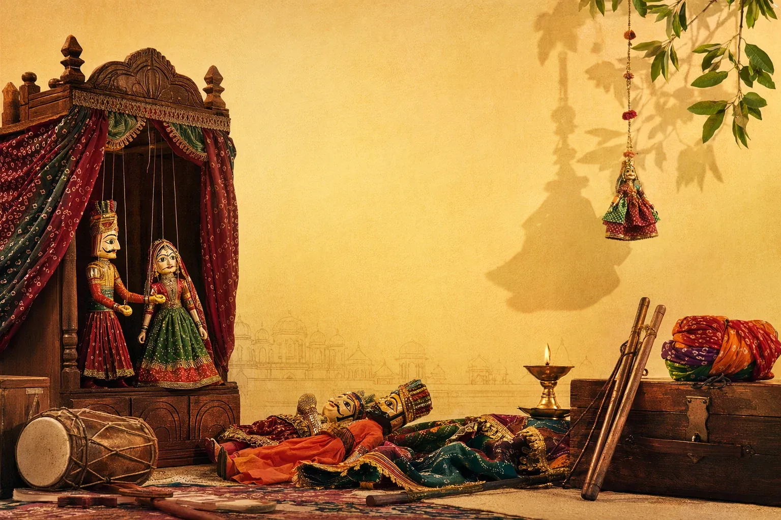 Illustration of an Indian puppetry performance with string, shadow, and hand puppets before an attentive audience