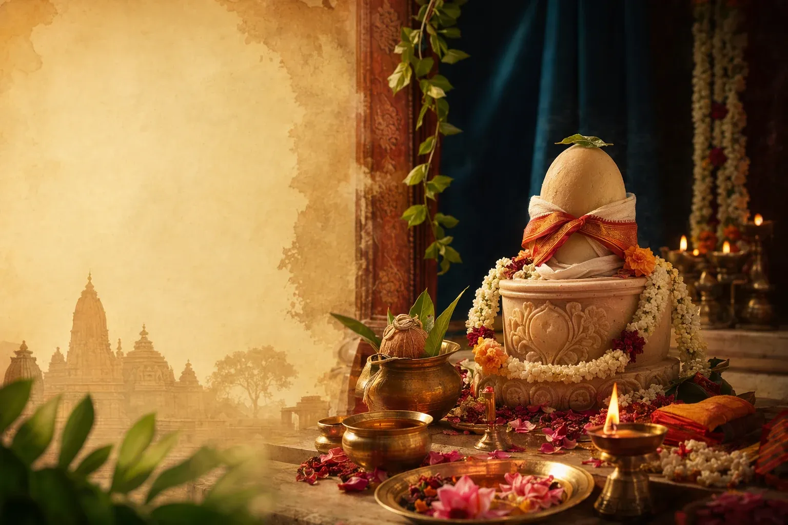 A respectful Hindu consecration setting with a murti, diya, flowers, kalash, and soft temple light for a Prana Pratishtha explainer.