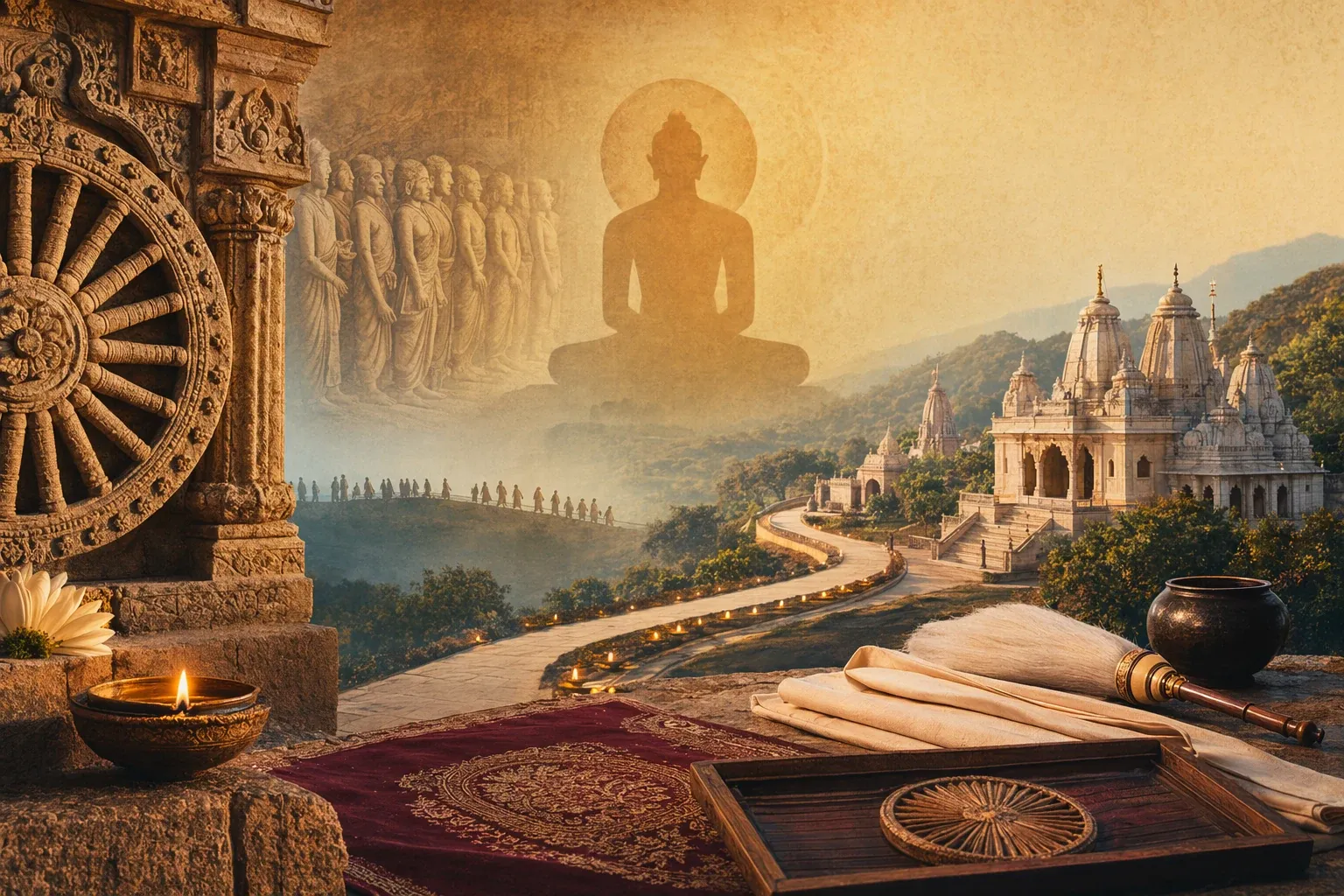 Jain temple, manuscript, and sacred-history symbols for a guide to Jainism’s origin and spread in India.