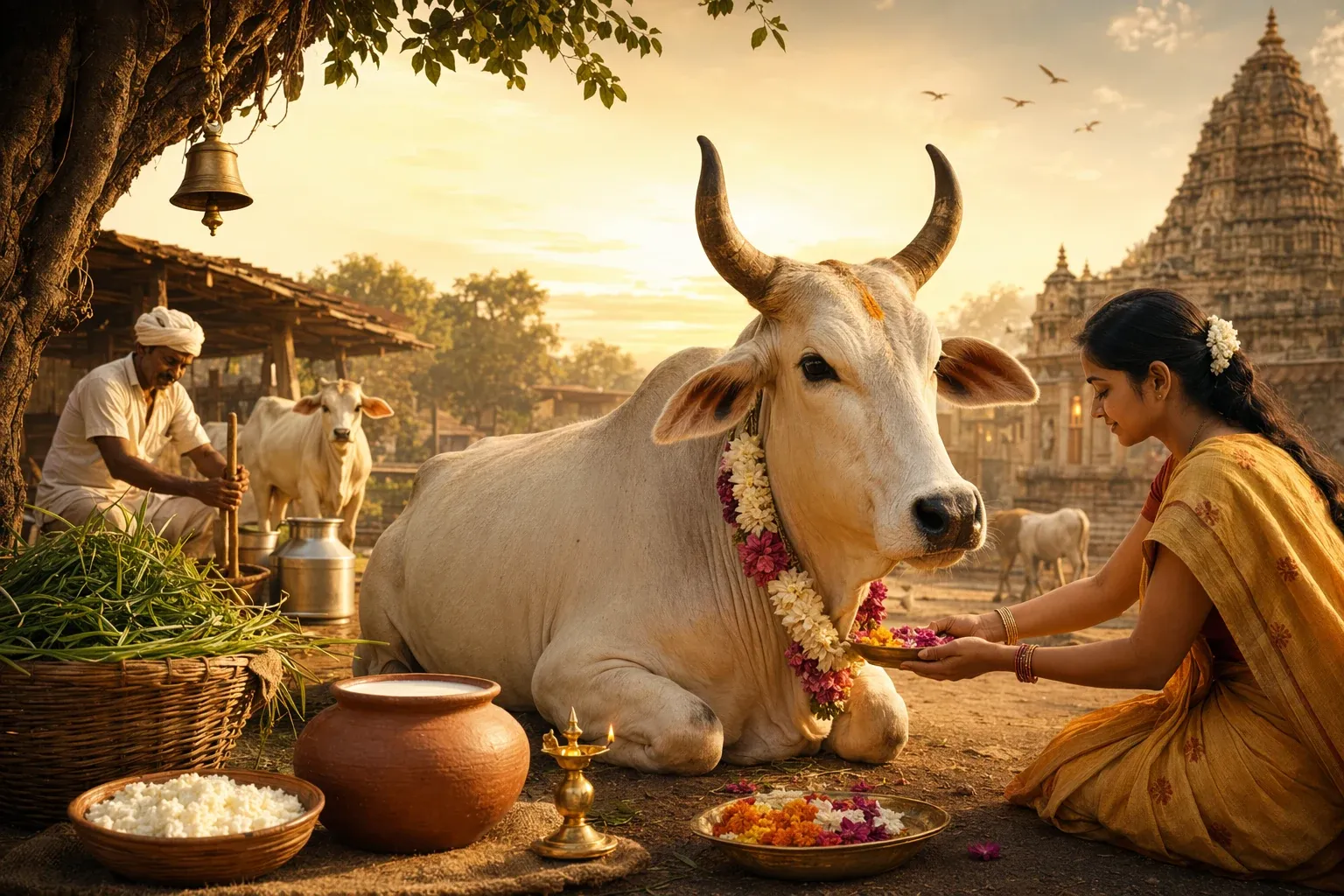 Editorial illustration of a calm white cow in an Indian temple courtyard with a garland and devotional offerings, symbolising cow reverence in Hindu culture.