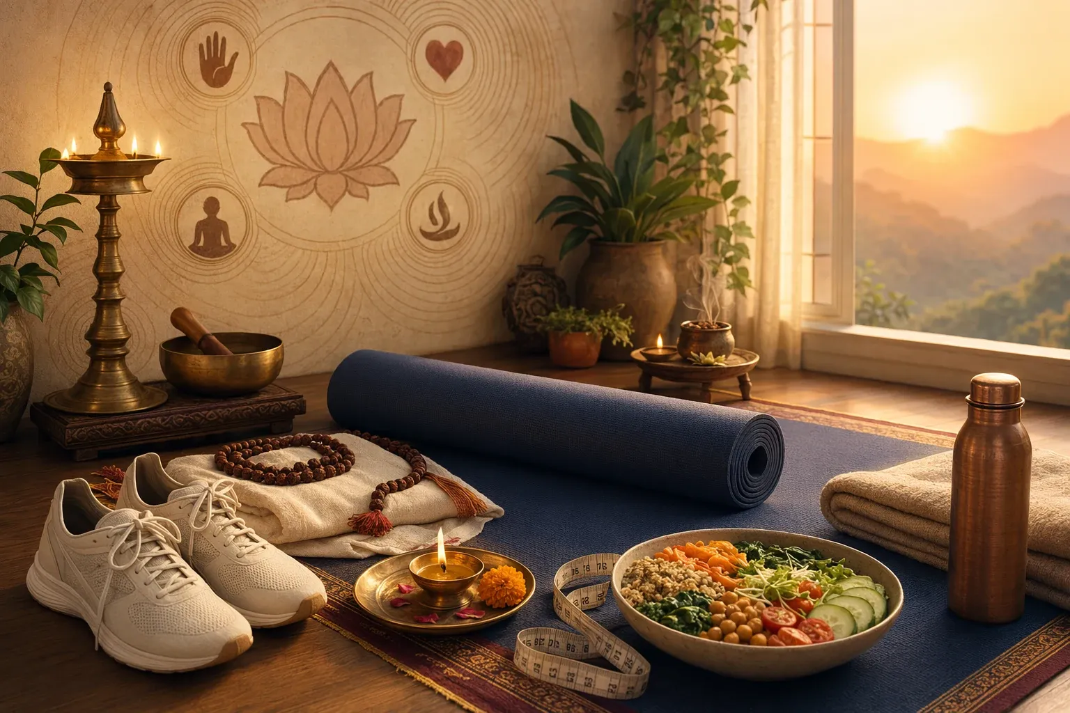 Editorial illustration for Yoga Paths to Moksha in Hindu Philosophy: Karma, Bhakti, Jnana, and Hatha: a respectful realistic wellness scene: clean yoga mat, diya glow, walking shoes...