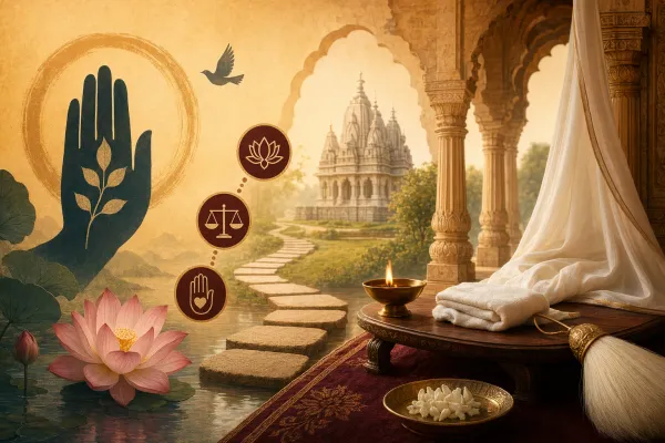Jainism core teachings illustration with ahimsa hand, karma scales, lotus, temple, and peaceful path toward liberation.