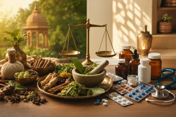 Balanced illustration of Ayurveda herbs and mortar beside modern medicines and a stethoscope, showing responsible Ayurveda-allopathy use.
