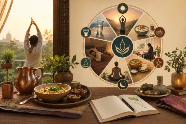 Ayurvedic daily routine illustration with sunrise yoga, copper water, herbs, meals, walking, rest, and sleep cues in a daily rhythm wheel.