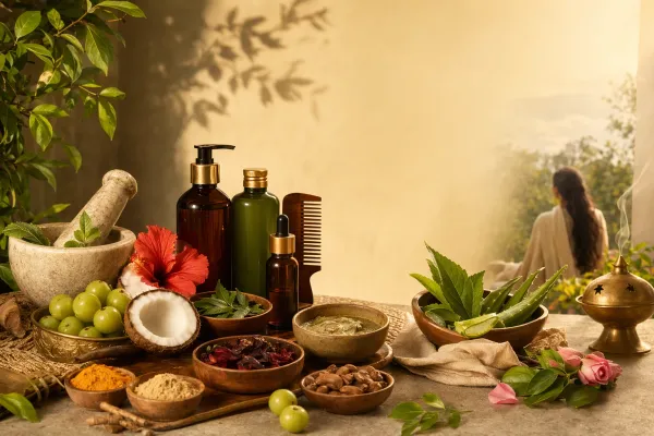 Ayurvedic skin and hair care still life with herbs, oils, aloe vera, turmeric, natural bowls, and a comb.